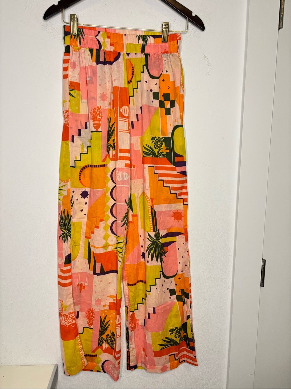 HAUTE HIPPIE NWOT LIGHTWEIGHT COTTON ECCLECTIC PRINT WIDE LEG PANTS SZ XS